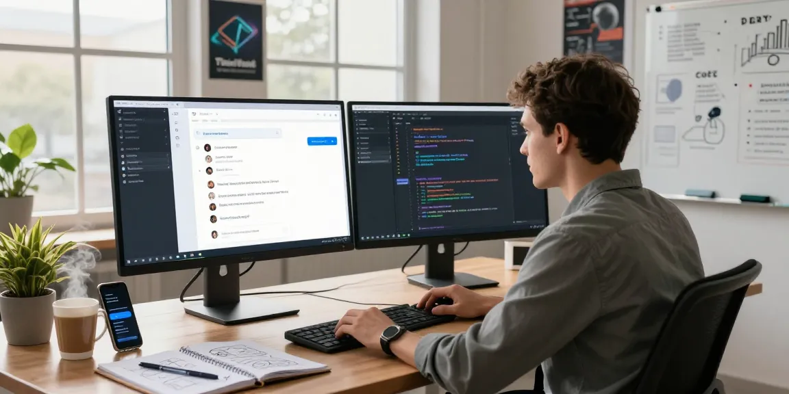 Developer working with Telegram Web Version on dual monitors in a modern office