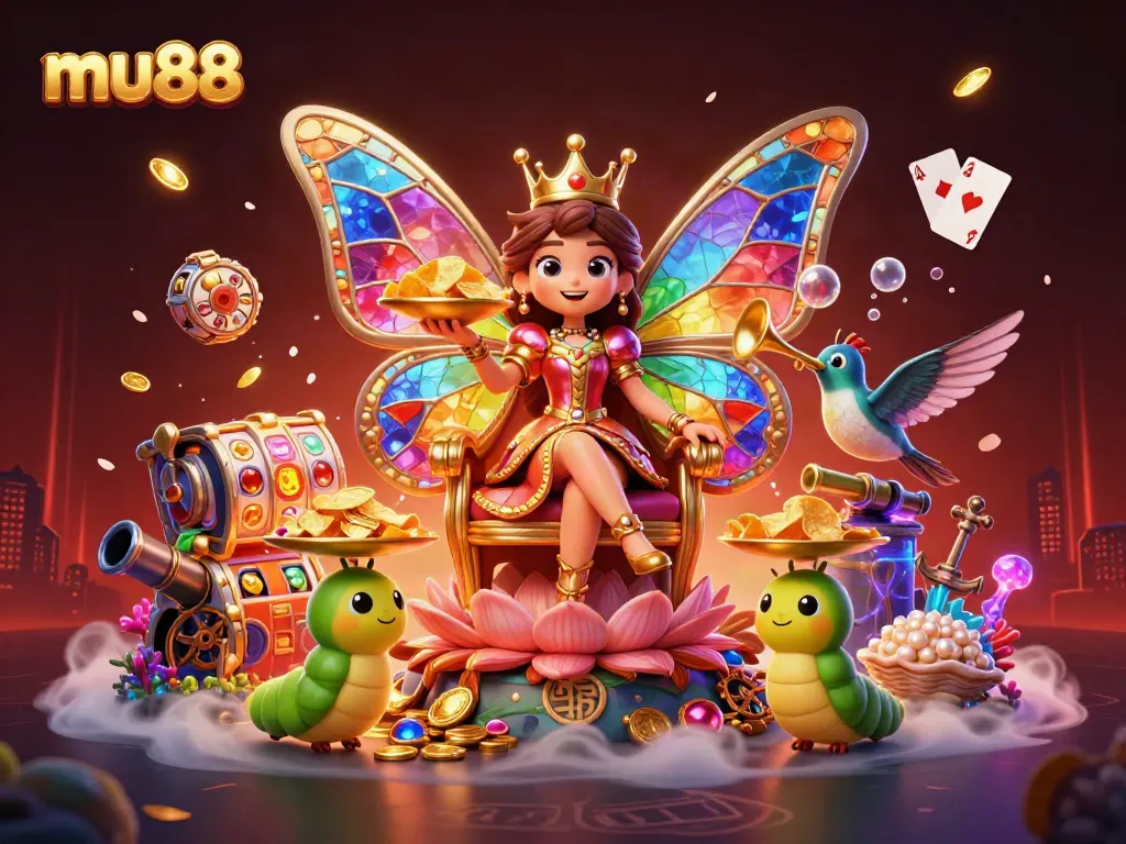 Engage in exciting casino gameplay with mu88's vibrant slots scene featuring animated characters, games, and treasures.
