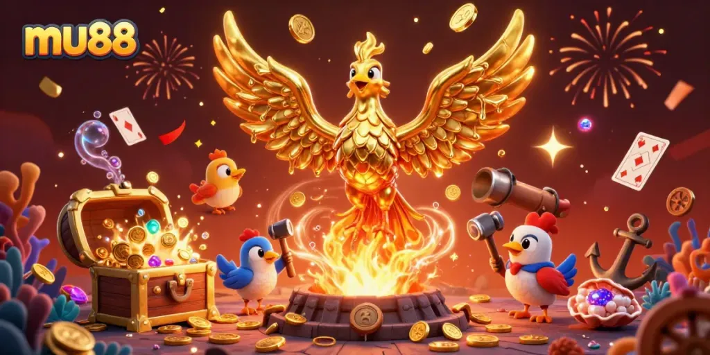 Experience gaming with the majestic mu88 golden phoenix, surrounded by shimmering casino elements.
