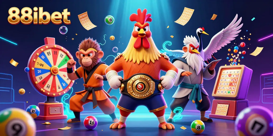 Engage in thrilling action with 88ibet's vibrant casino scene featuring a Muay Thai rooster, Shaolin monkey, and wise crane!