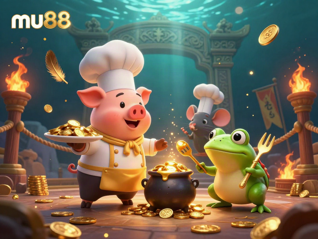 Engaging scene of mu88's mascot characters enjoying a dynamic casino environment with gold coins.
