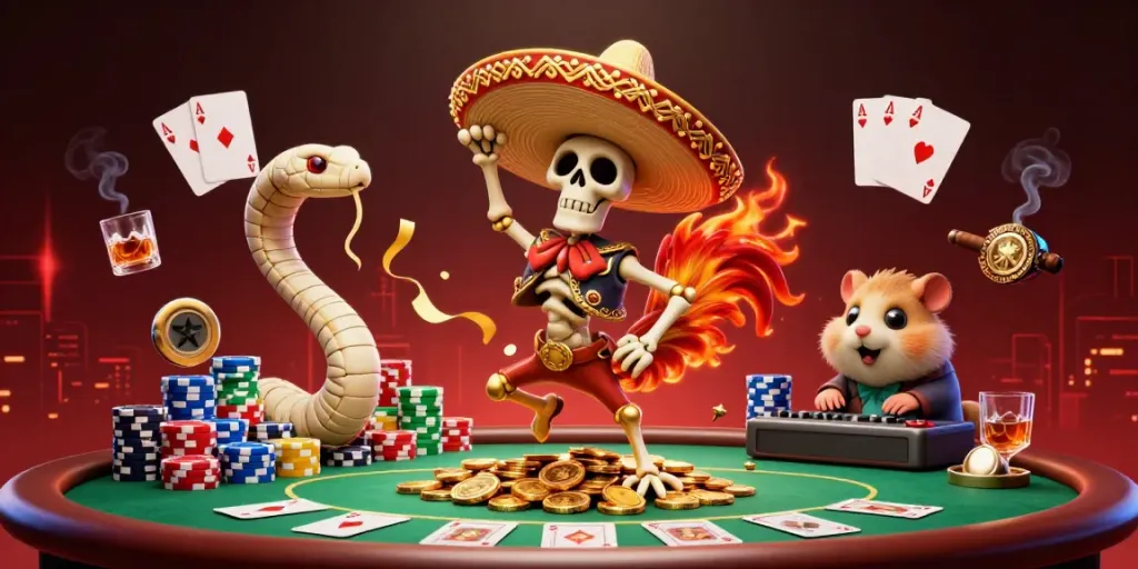 The joyous celebration of wins at 8xbet with vibrant characters dancing on gold coins surrounded by poker elements.