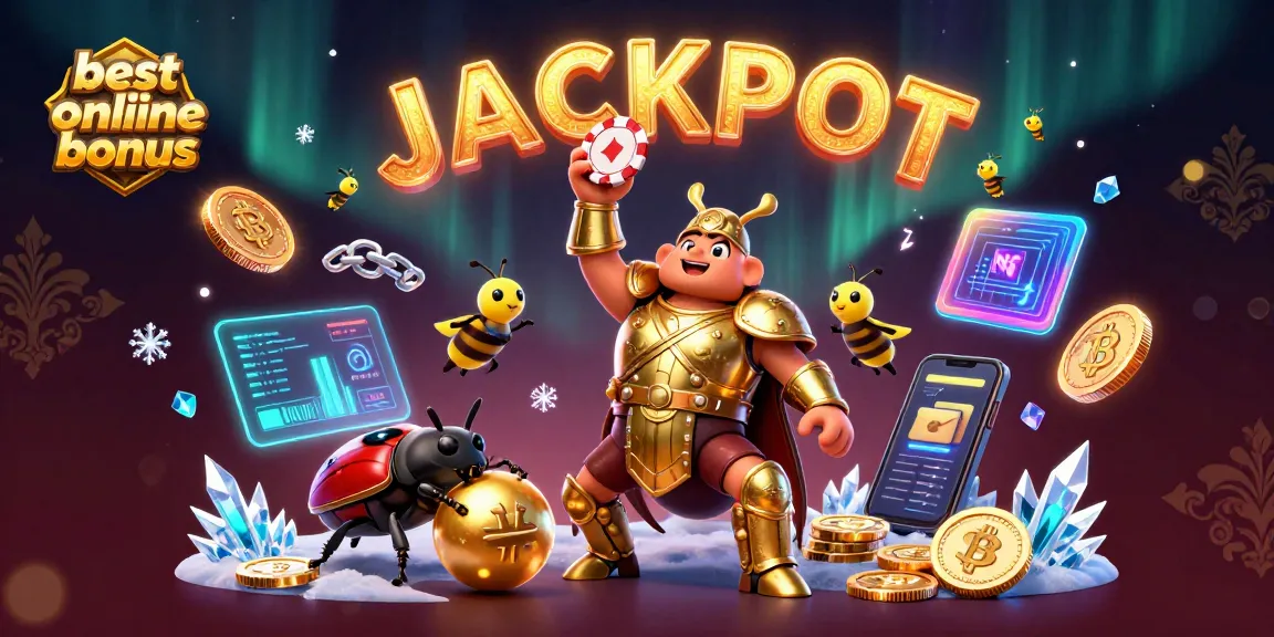 Experience the best online casino bonus with winning illustrations featuring beetles and glowing crypto elements.