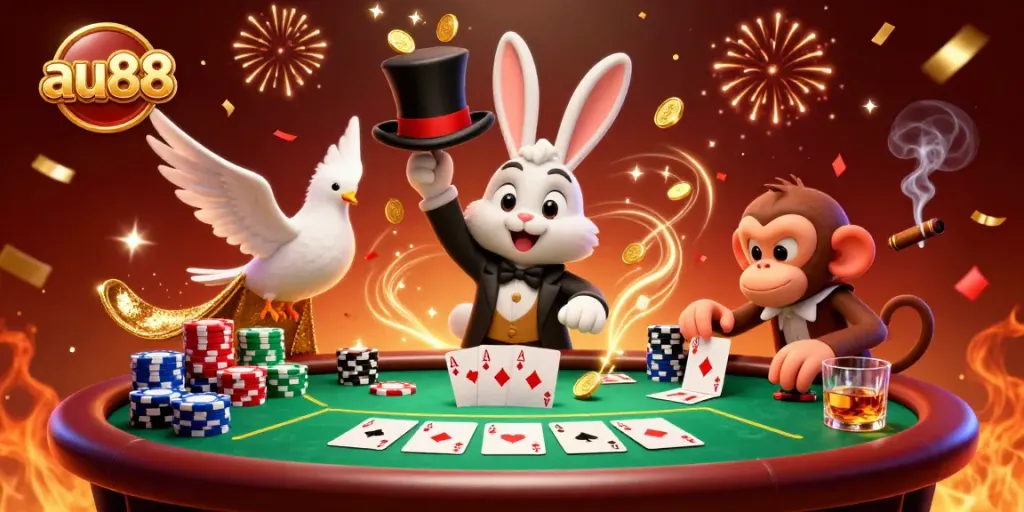 Engage with exciting poker action at au88, featuring a magician rabbit, a dove, and a monkey amid golden coins and poker chips.