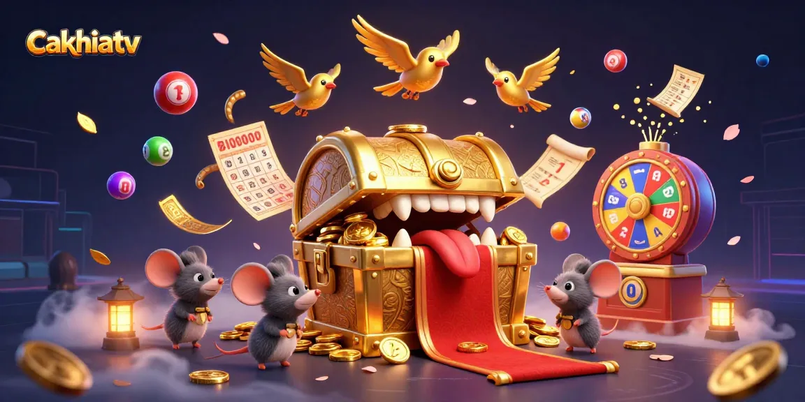 Experience the thrill of gambling with cakhiatv's vibrant illustration showcasing dynamic lottery elements and captivating characters.